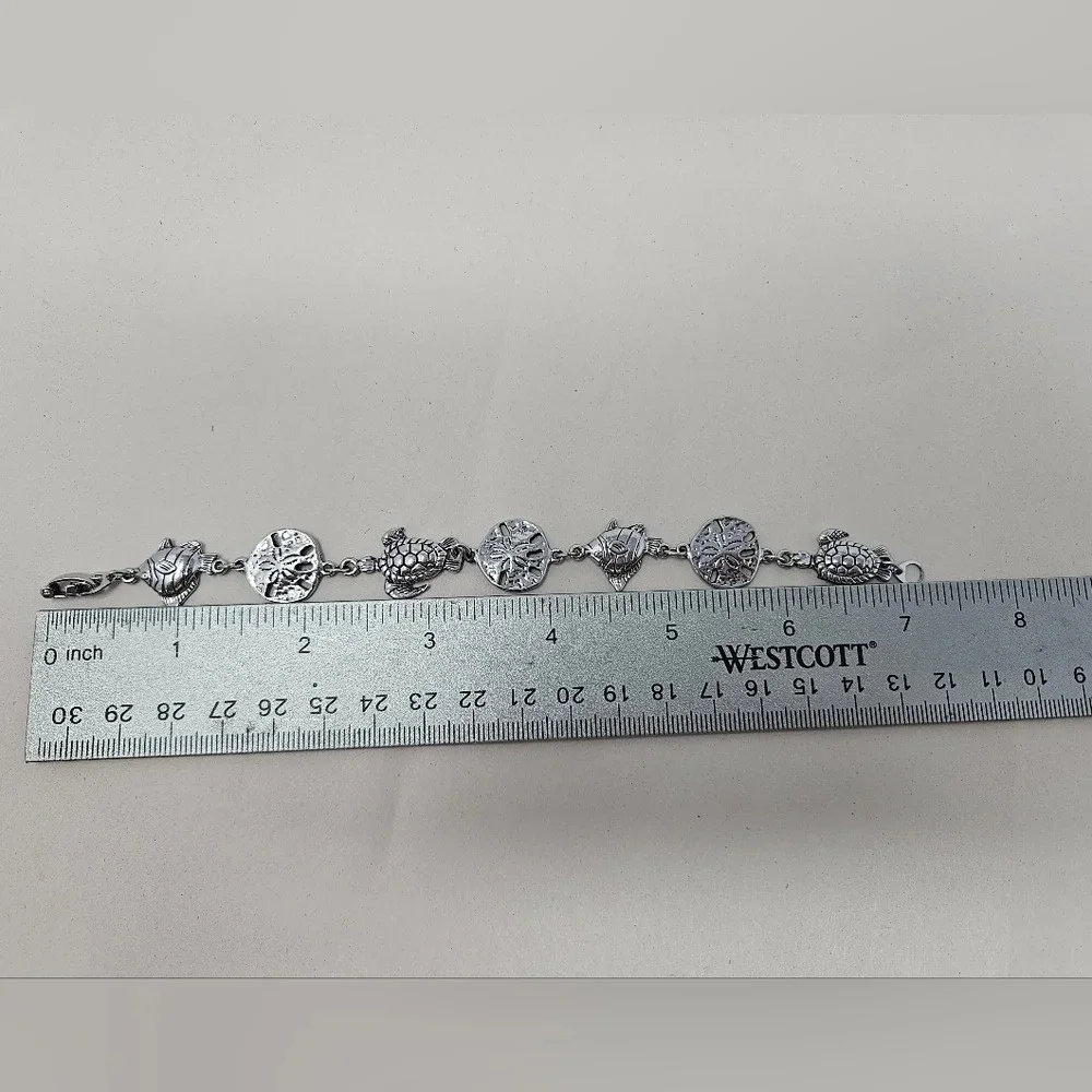 Sea life wrist bracelet Silver Tone Sea Turtle Sand Dollar Fish 7 In. Dolphin